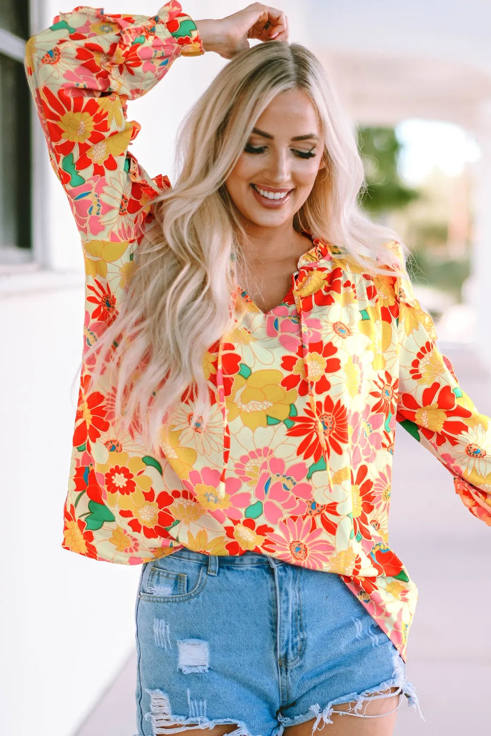 Multicolor Stand Collar Flutter Sleeves Floral Top