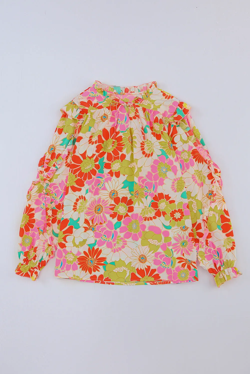Multicolor Stand Collar Flutter Sleeves Floral Top