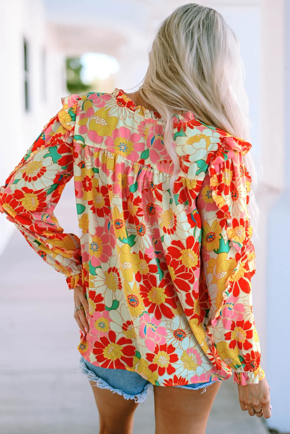 Multicolor Stand Collar Flutter Sleeves Floral Top