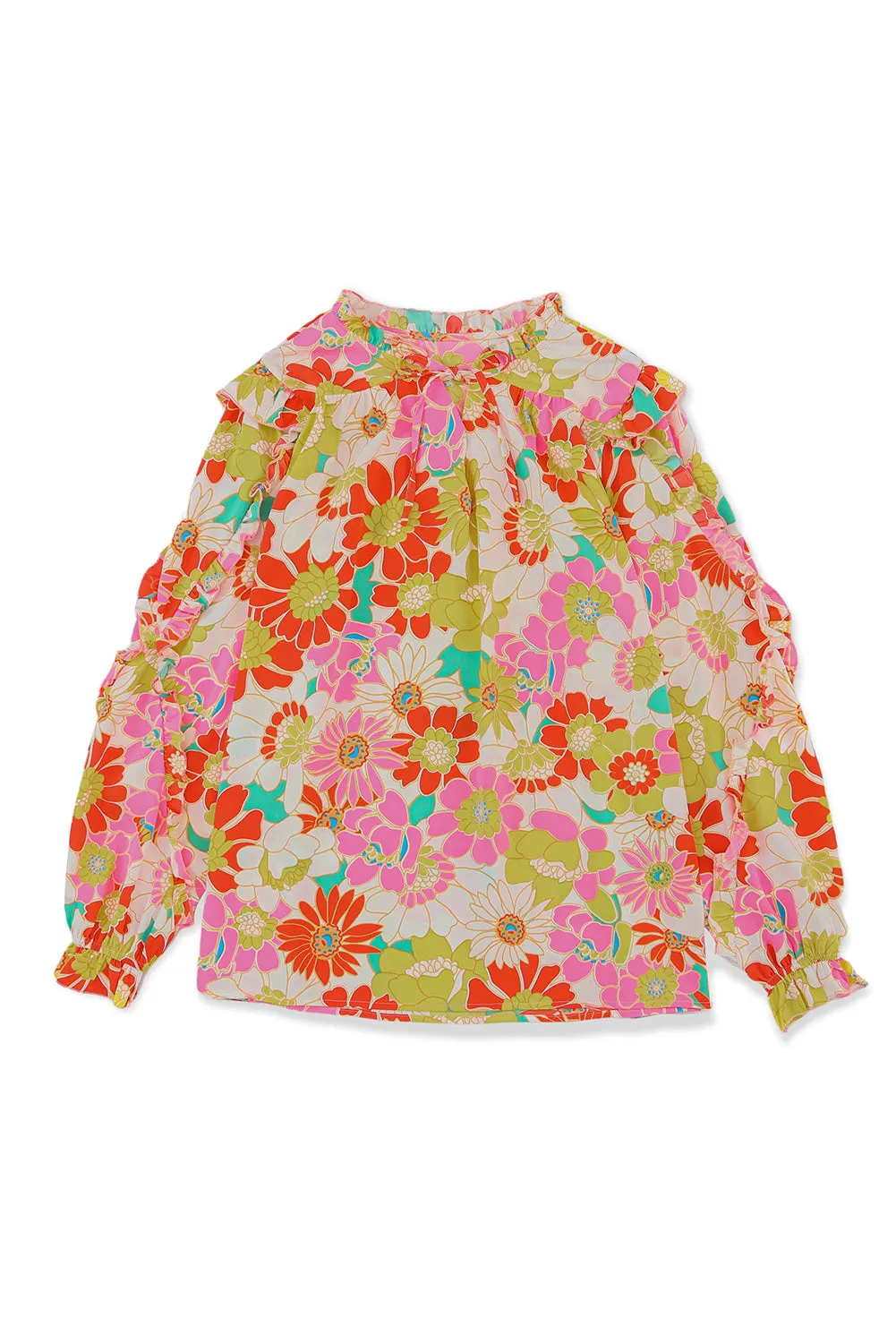 Multicolor Stand Collar Flutter Sleeves Floral Top