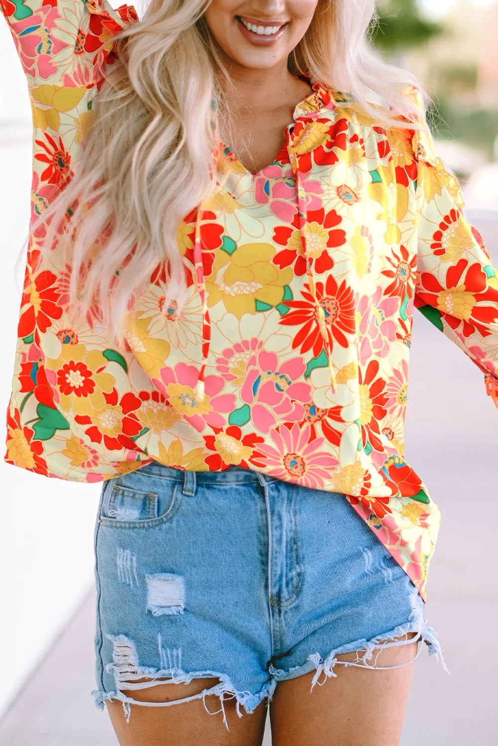 Multicolor Stand Collar Flutter Sleeves Floral Top