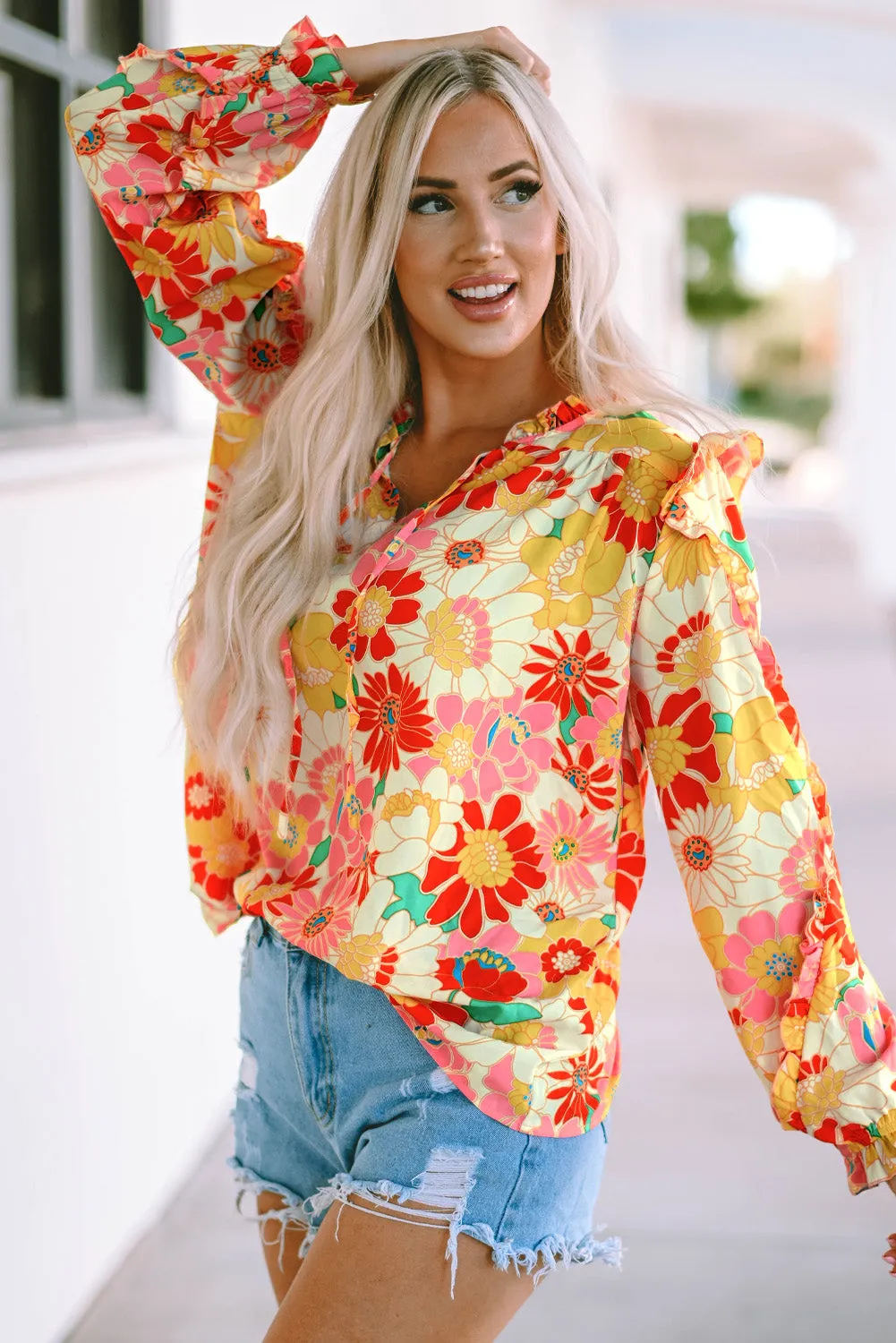 Multicolor Stand Collar Flutter Sleeves Floral Top