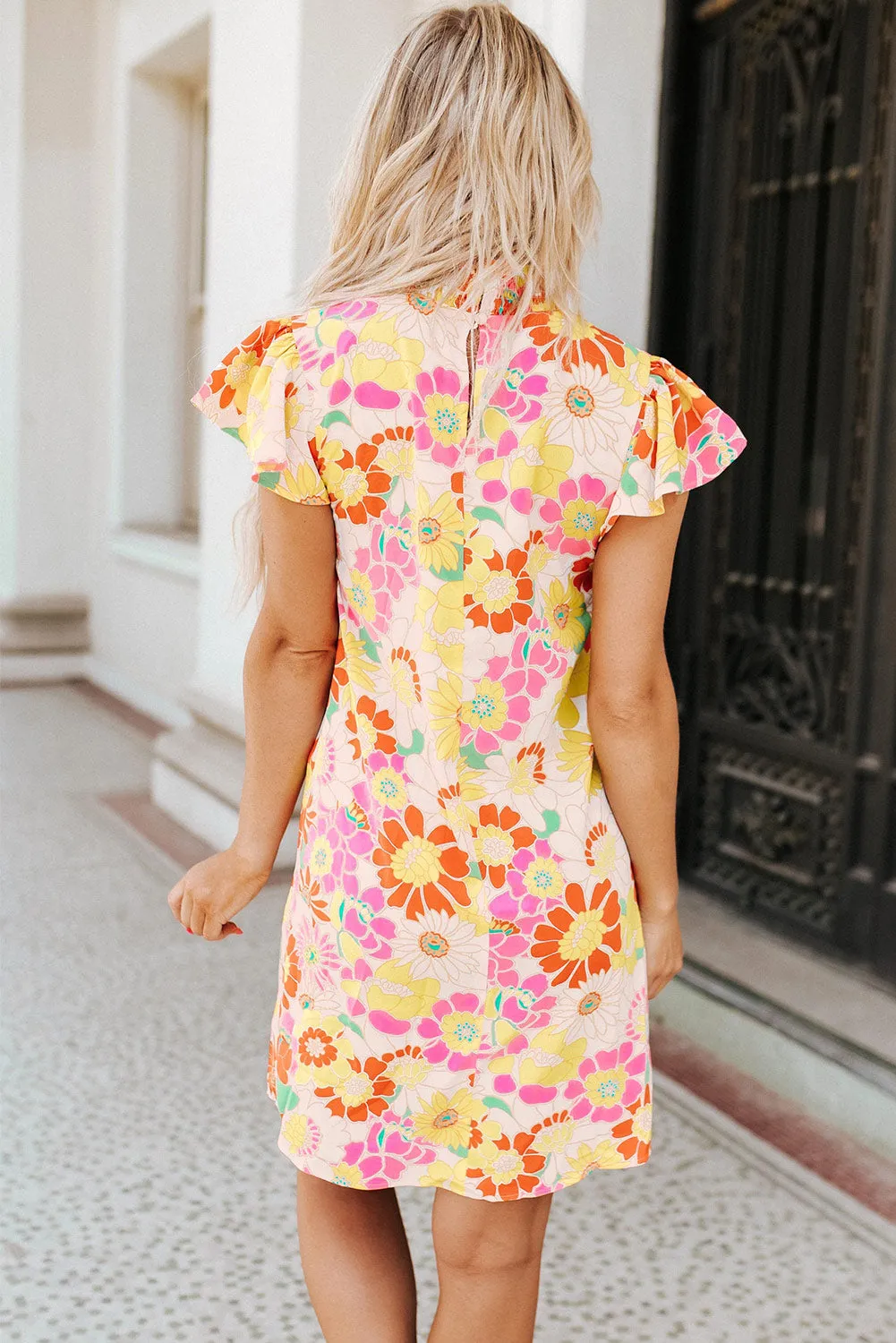 Multicolor Stand Collar Flutter Sleeves Floral Top
