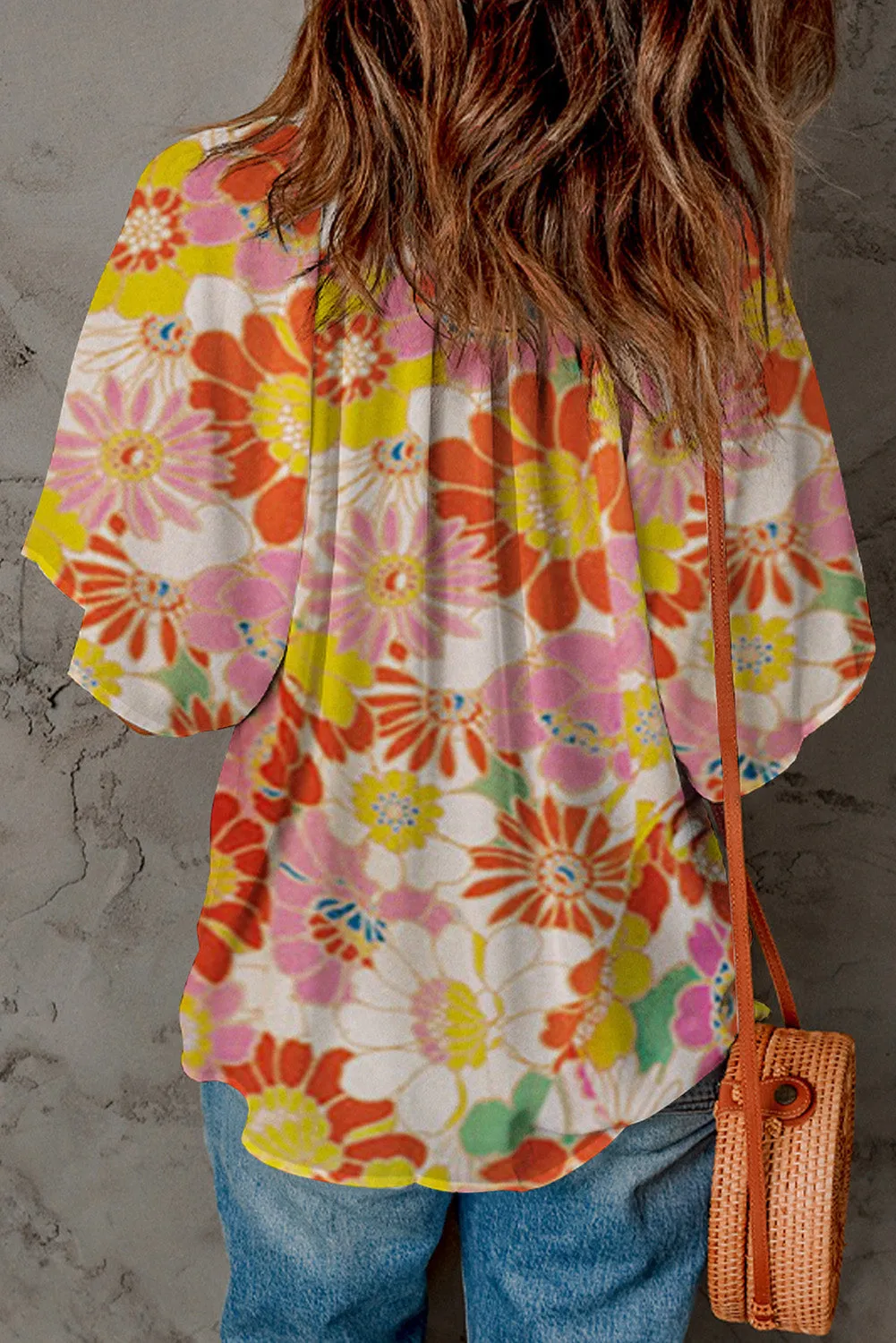 Multicolor Stand Collar Flutter Sleeves Floral Top