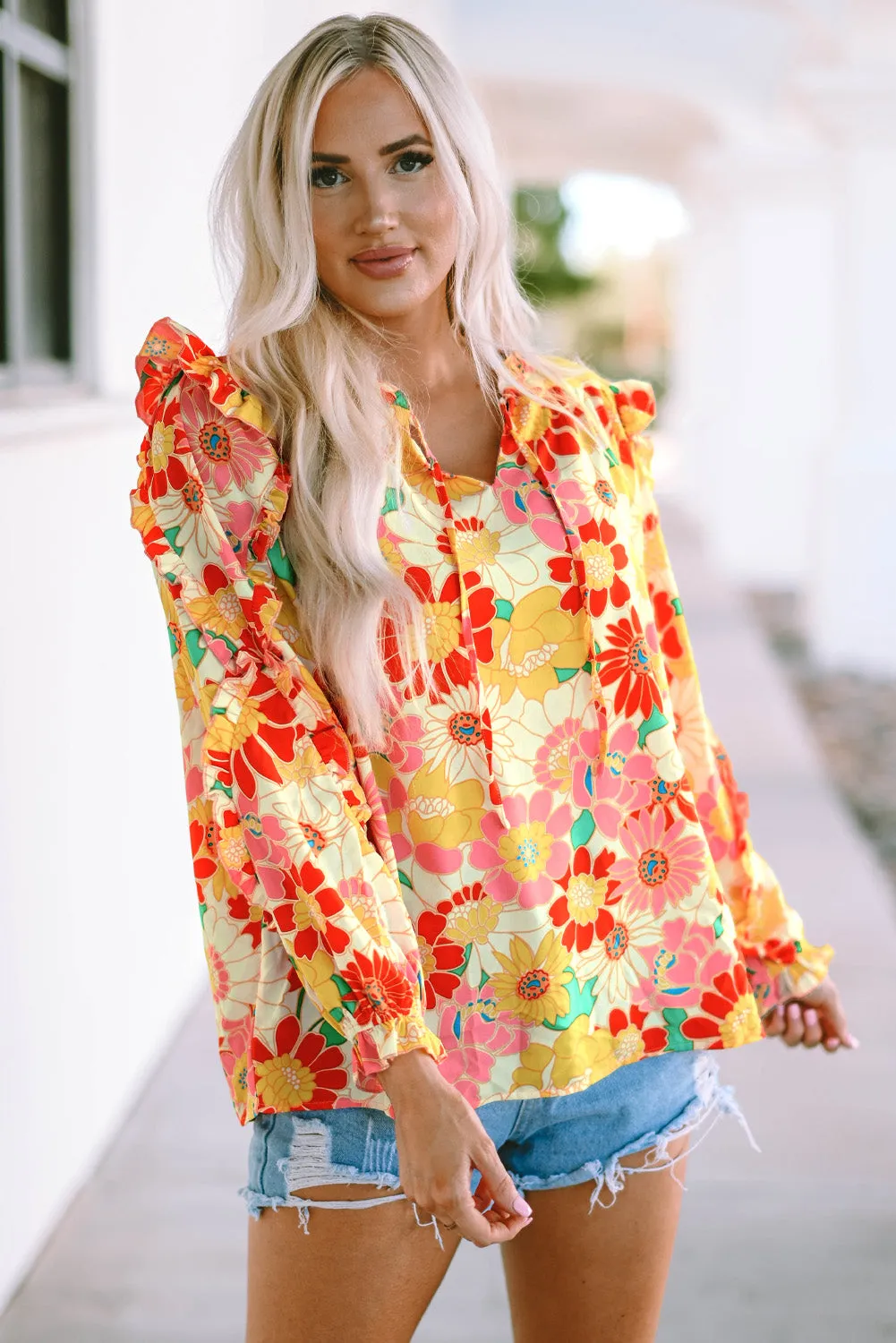 Multicolor Stand Collar Flutter Sleeves Floral Top