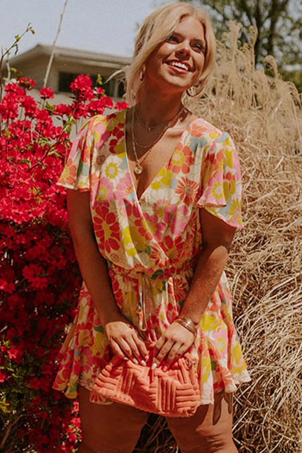 Multicolor Stand Collar Flutter Sleeves Floral Top