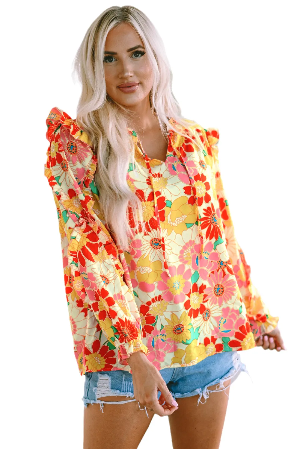Multicolor Stand Collar Flutter Sleeves Floral Top