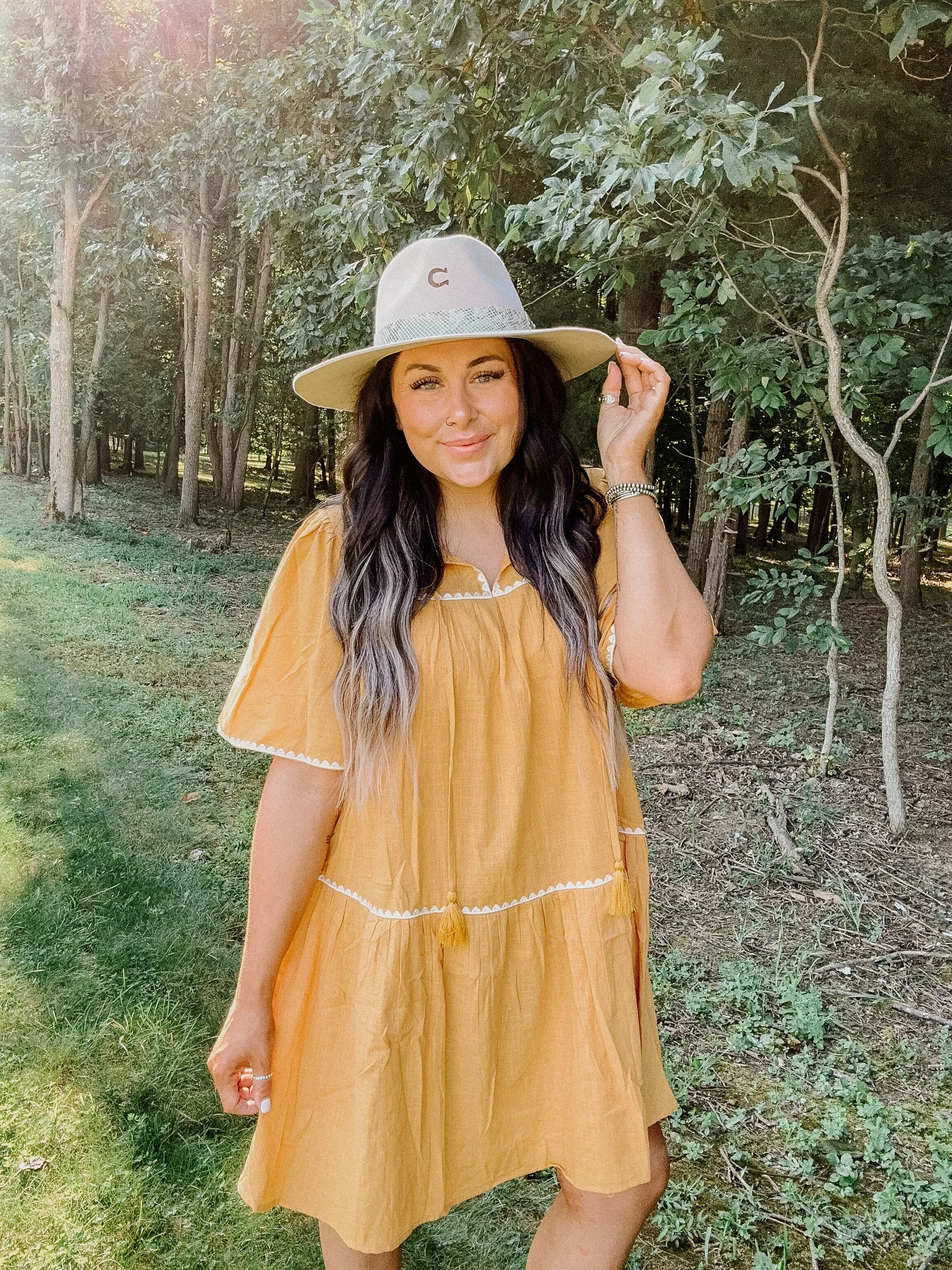 Mustard Embroidered Babydoll Tiered Dress