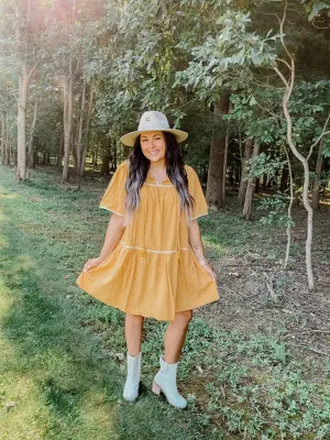 Mustard Embroidered Babydoll Tiered Dress