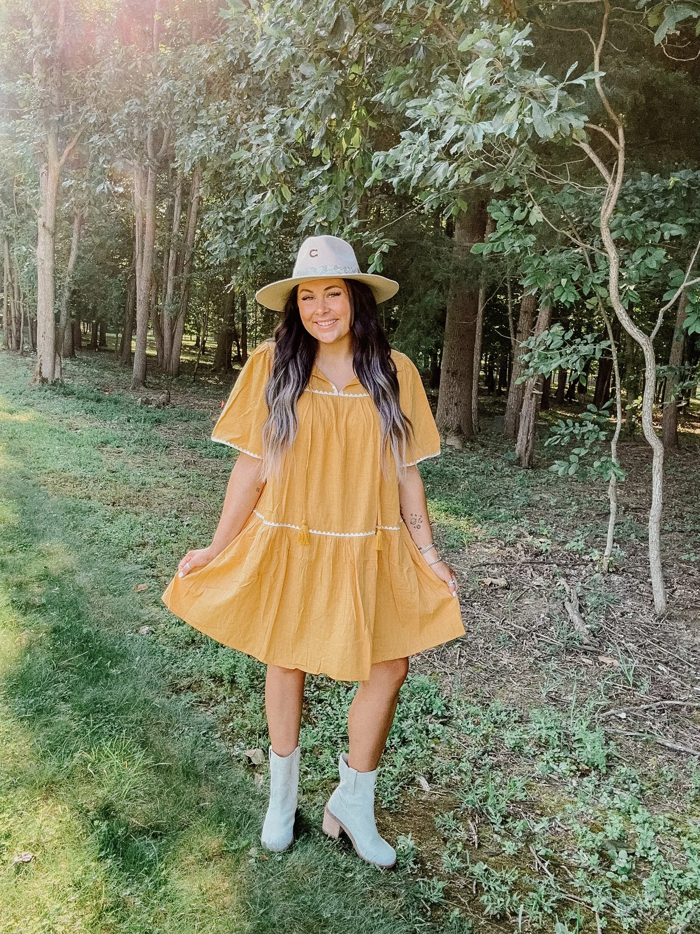 Mustard Embroidered Babydoll Tiered Dress