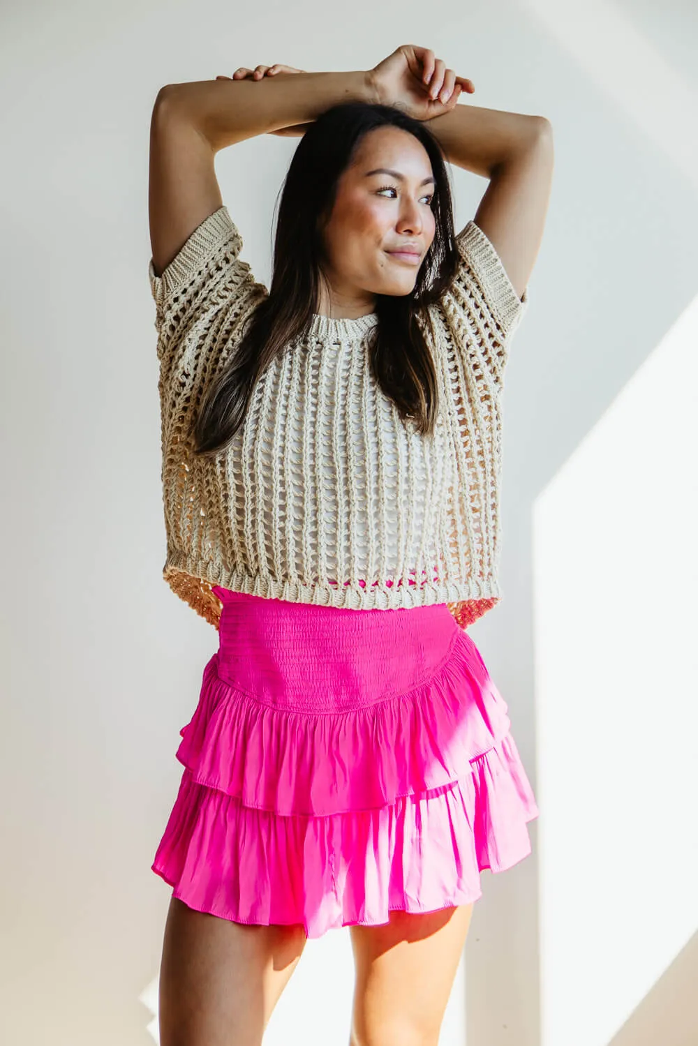 Mustard Seed Smocked Waist Ruffled Skort for Women in Pink | S16369-HOTPINK