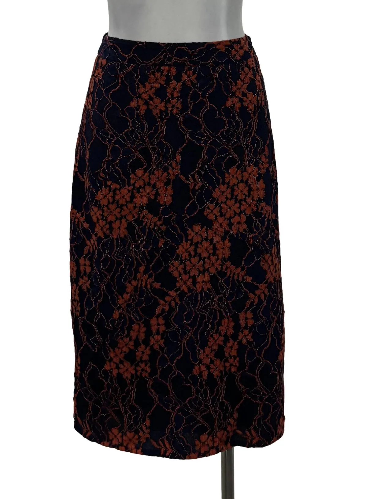 Navy Blue And Orange Lace Floral Midi Skirt TCL
