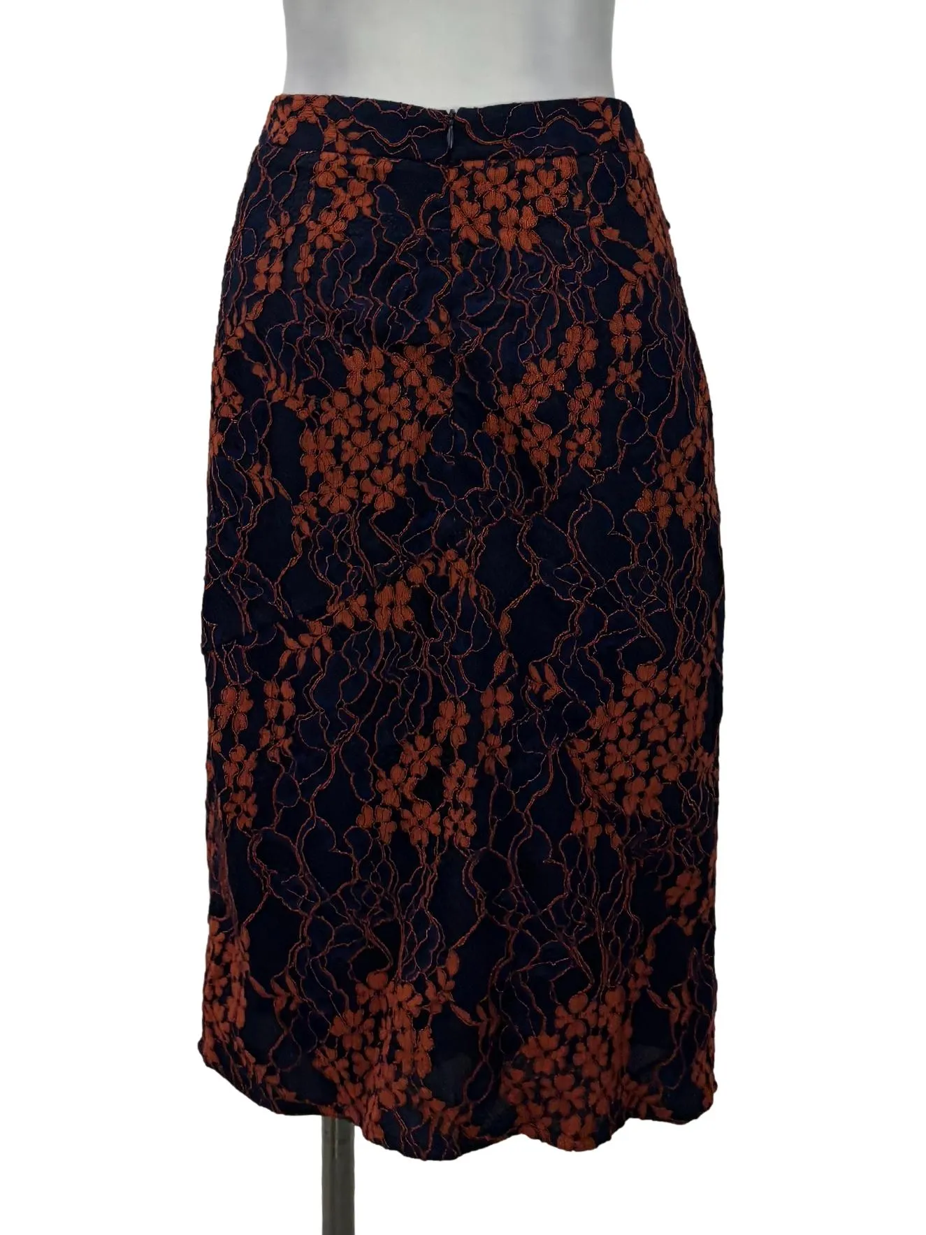 Navy Blue And Orange Lace Floral Midi Skirt TCL