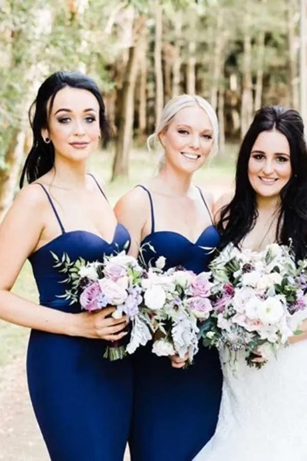Navy Blue Mermaid Sweetheart Spaghetti Straps Long Bridesmaid Dresses, BD130