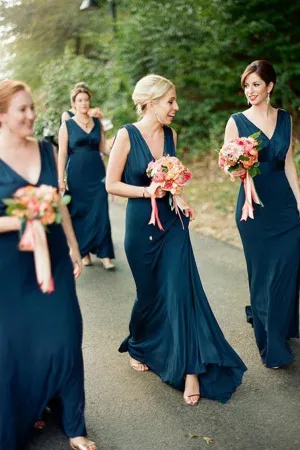 Navy Blue Satin A-line V-neck Backless Sweep Train Bridesmaid Dresses, MBD159