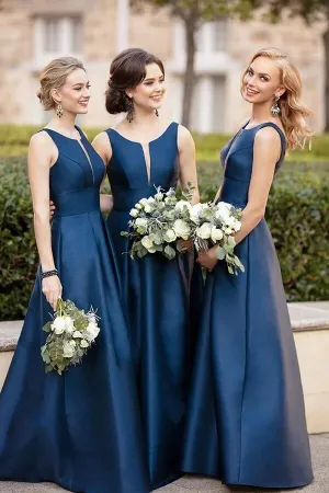 Navy Blue Satin A-line V-neck Bridesmaid Dresses, Wedding Party Dresses, MBD178