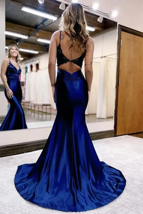 Navy Blue Satin Mermaid Deep V-neck Prom Dresses With Lace Appliques, MP954