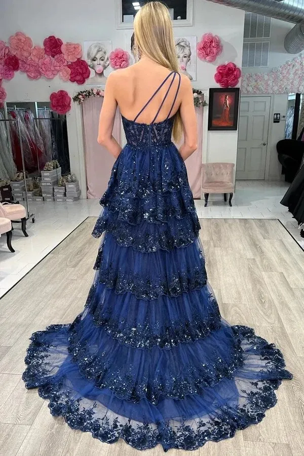 Navy Blue Sequins One-Shoulder Prom Dresses With Slit, Evening Dress, MP941