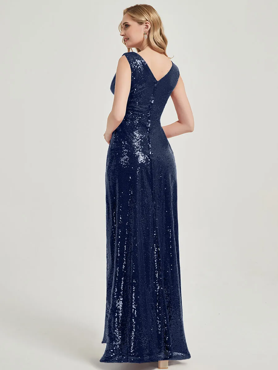 Navy Blue V-Neck Sleeveless Floor Length Sequin Bridesmaid Dress
