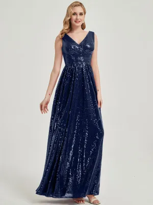 Navy Blue V-Neck Sleeveless Floor Length Sequin Bridesmaid Dress