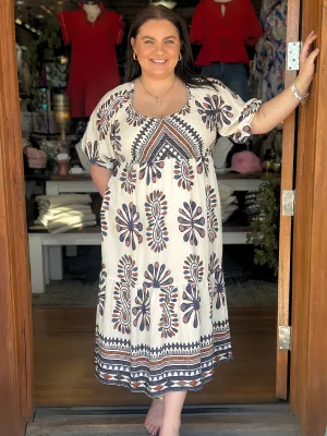 Navy   Brown Medallion Print Dress