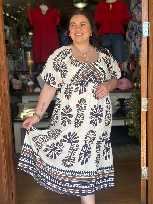 Navy   Brown Medallion Print Dress