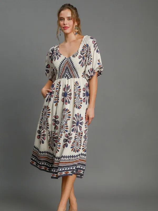 Navy   Brown Medallion Print Dress
