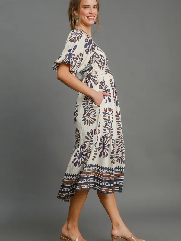 Navy   Brown Medallion Print Dress