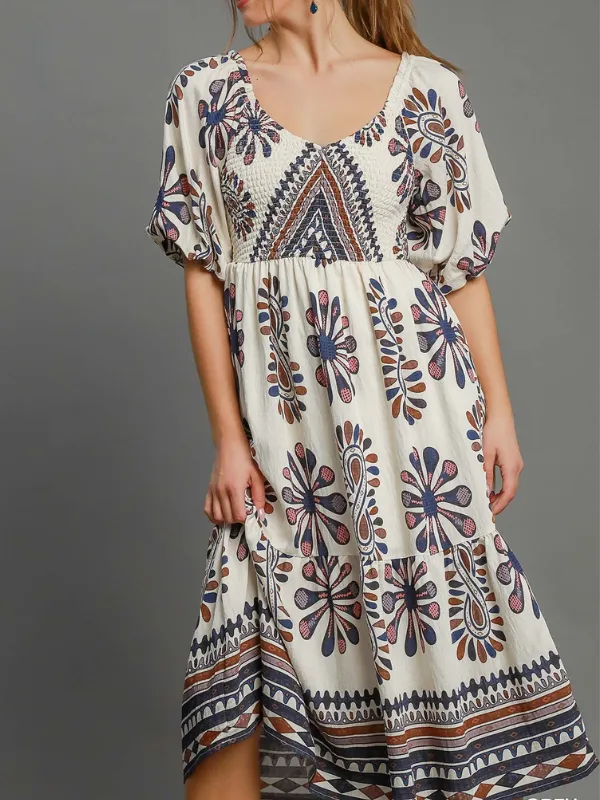 Navy   Brown Medallion Print Dress