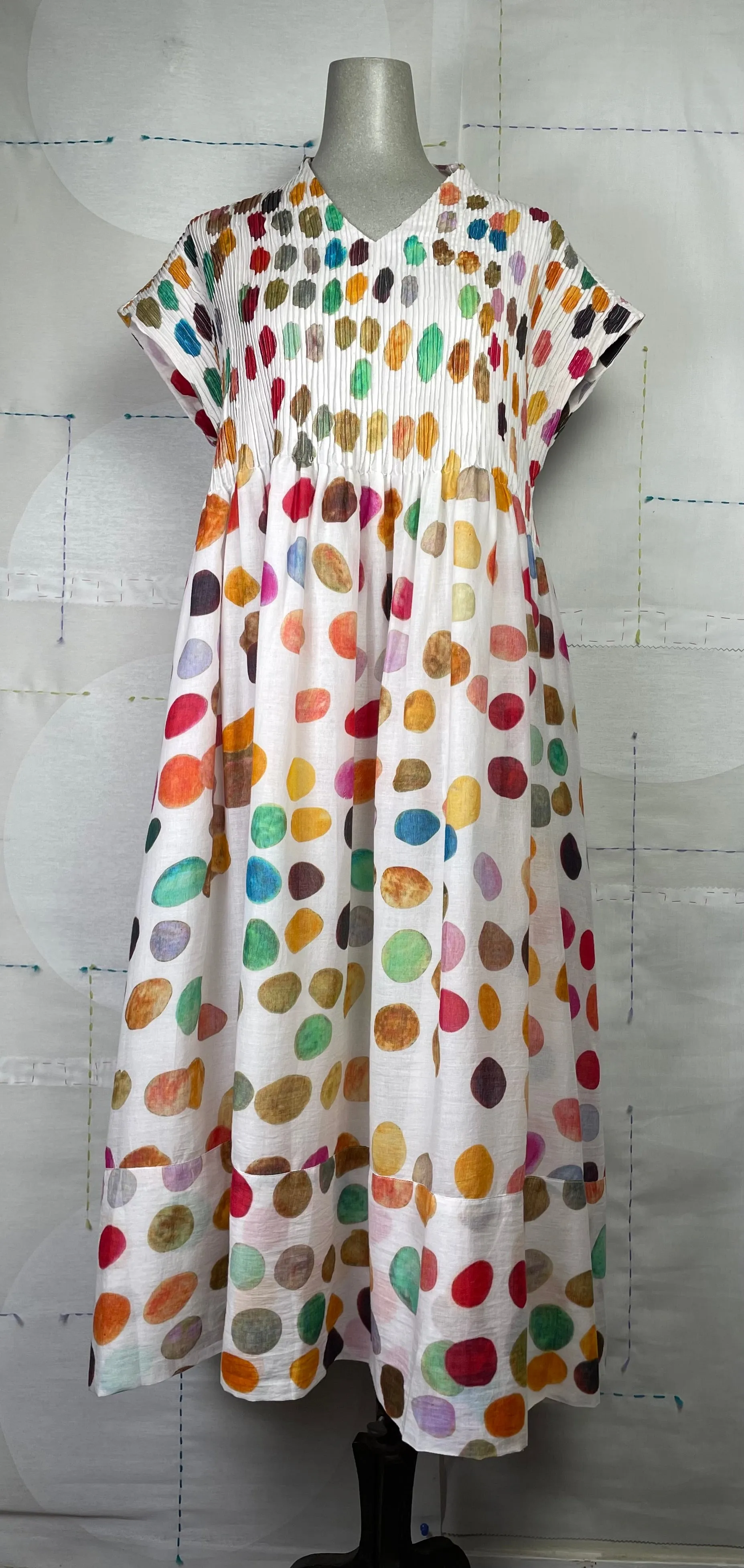 Neeru Kumar  ~  Pleated V-Neck Dress - White Multi Dots