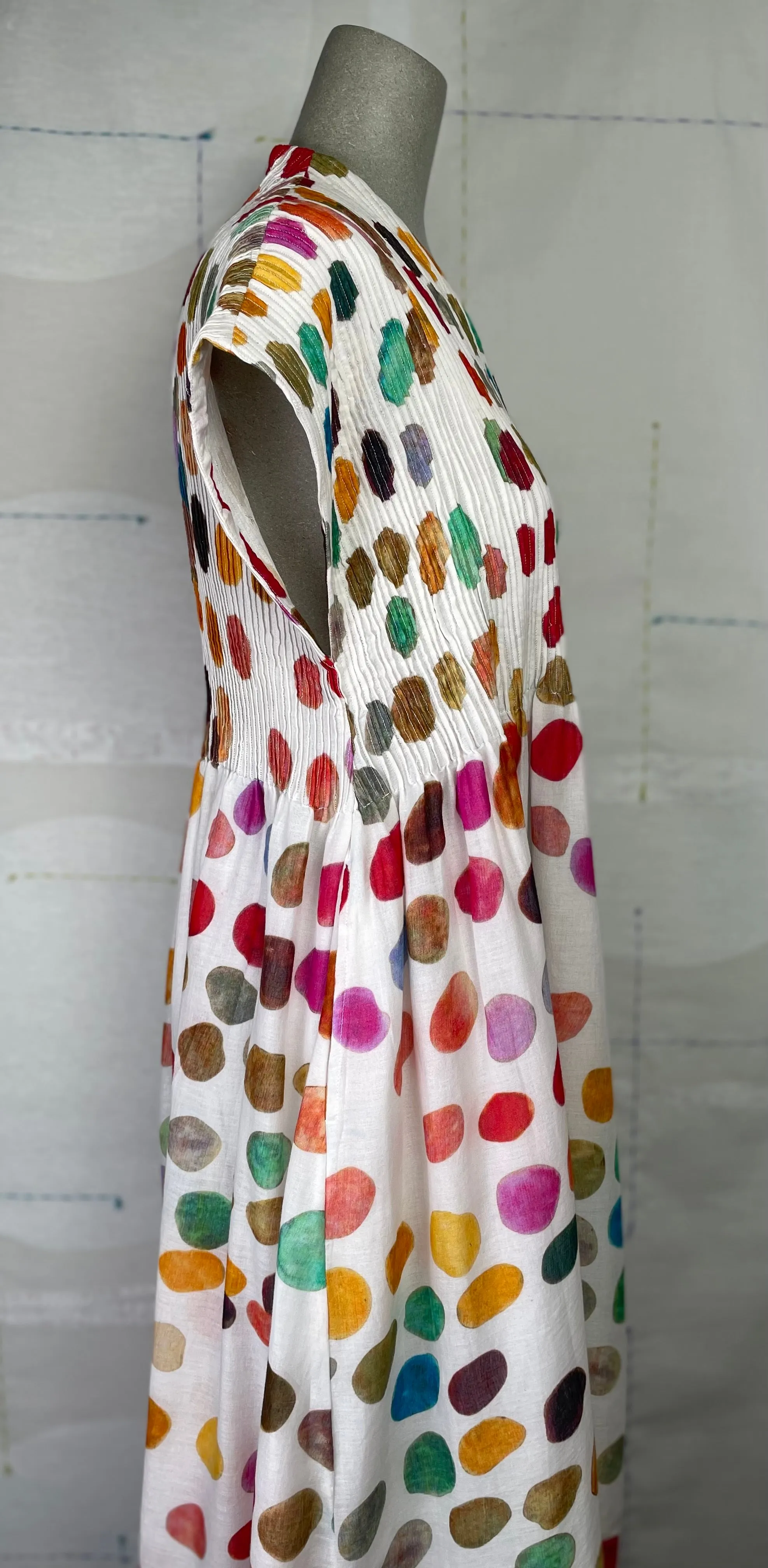 Neeru Kumar  ~  Pleated V-Neck Dress - White Multi Dots