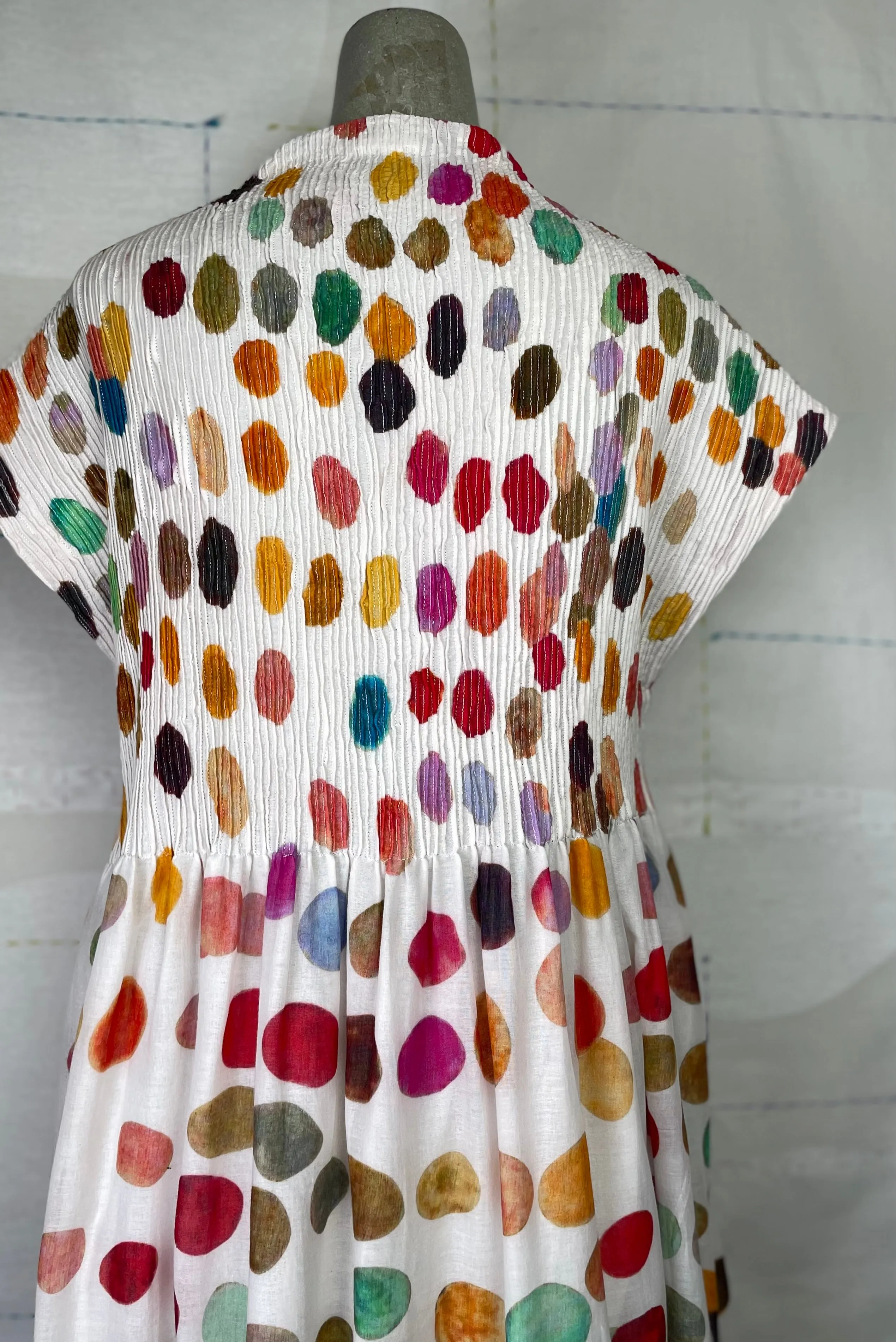 Neeru Kumar  ~  Pleated V-Neck Dress - White Multi Dots