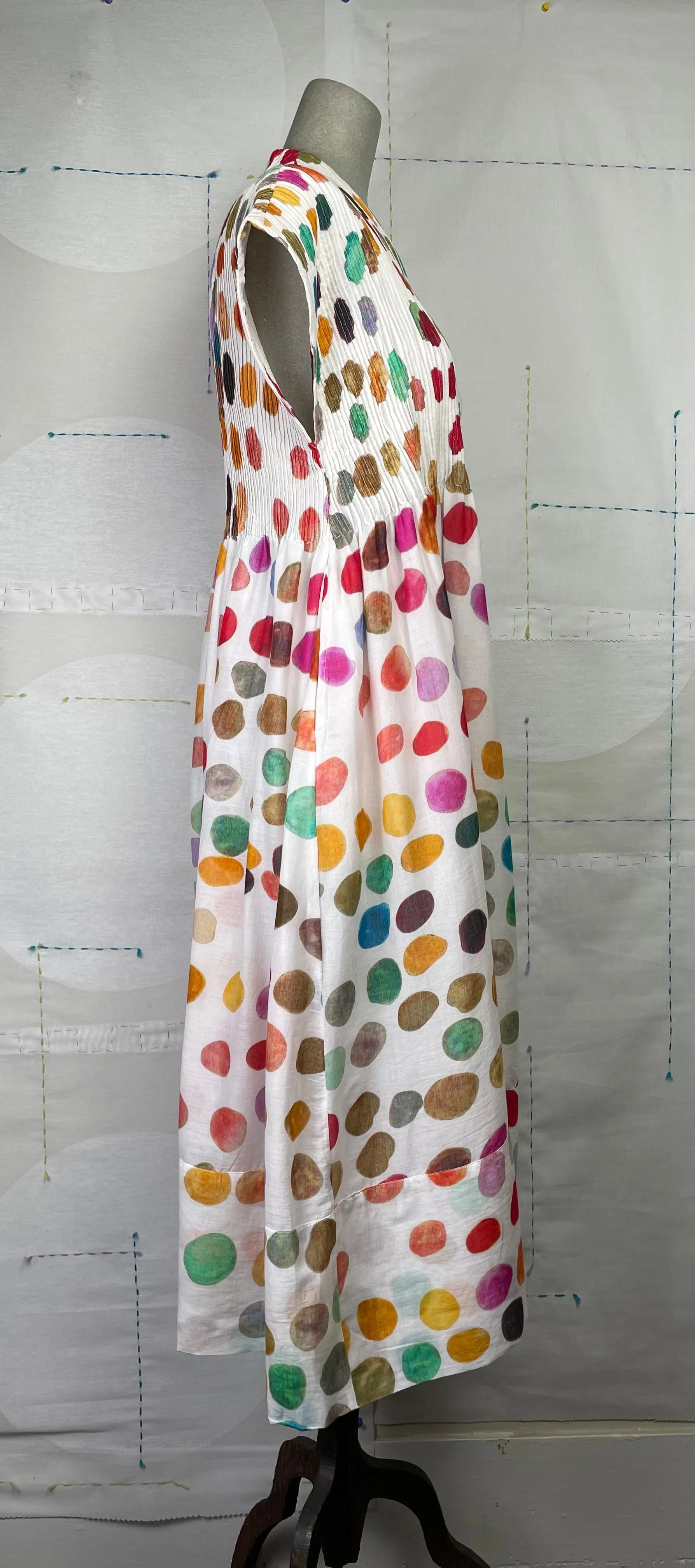 Neeru Kumar  ~  Pleated V-Neck Dress - White Multi Dots