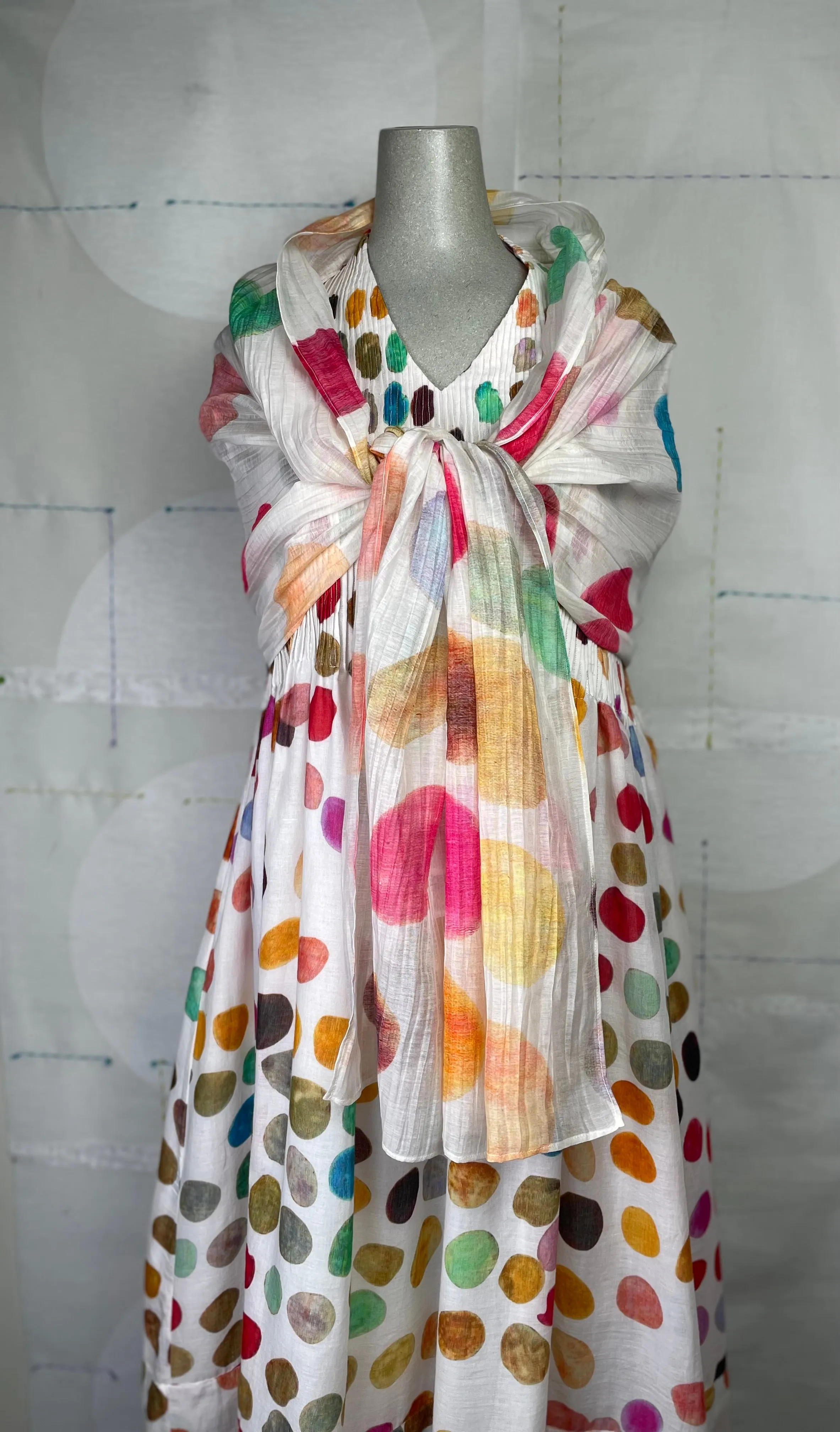 Neeru Kumar  ~  Pleated V-Neck Dress - White Multi Dots