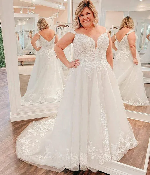 New Arrival Modest A-line Plus Size Wedding Dress, V-neck Bridal Gown, MW812