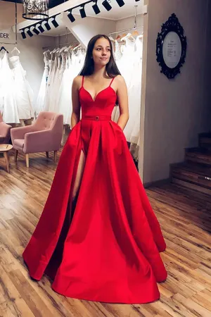 New Arrival Satin Red A-line V-neck Spaghetti Straps Long Prom Dresses with Slit, SP590
