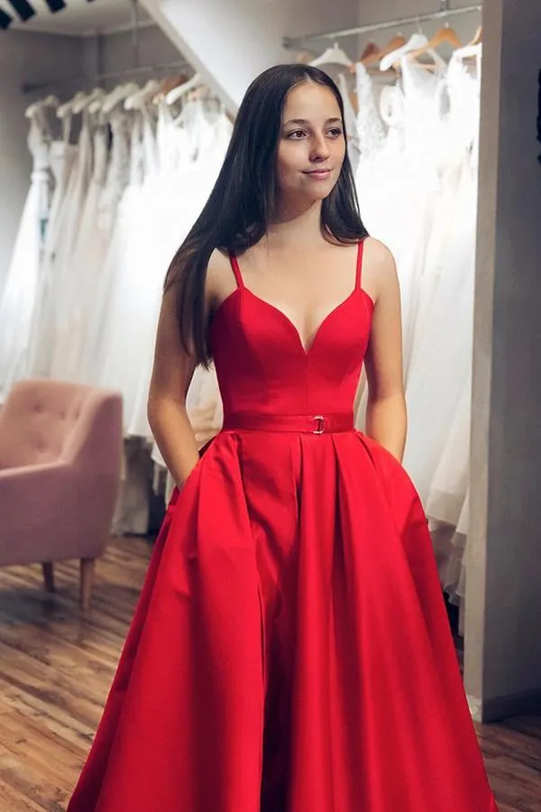 New Arrival Satin Red A-line V-neck Spaghetti Straps Long Prom Dresses with Slit, SP590