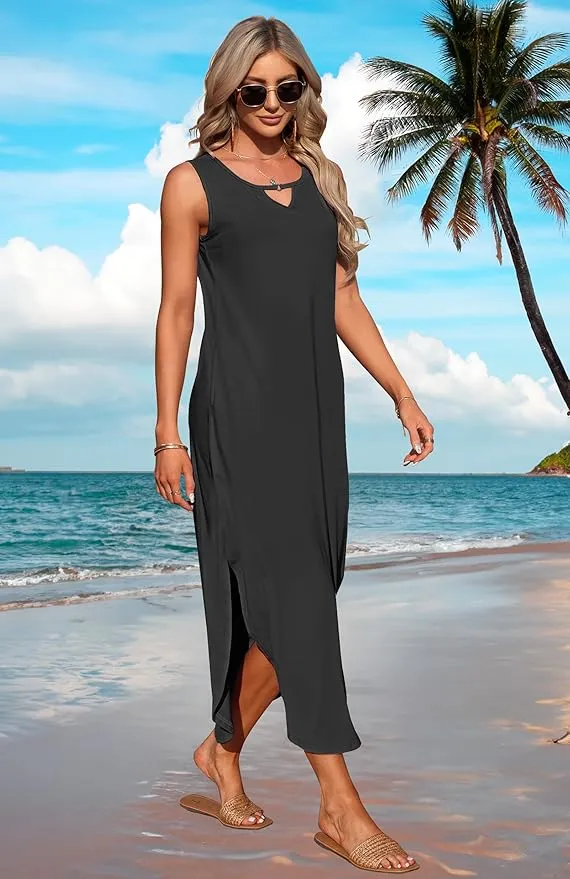 New MISFAY Women's Summer Maxi Dress Sleeveless Casual Loose Long Beach Split Dresses with Pockets Ultra soft, Black, sz M