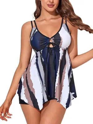 NEW MiYang Women's Tankini Swimsuits with Shorts Tummy Control Two Piece Bathing Suit Mesh Flowy Swimdress Athletic Swimwear, Tie Dye Ink, Sz M