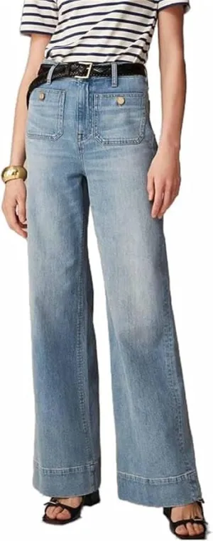NEW POSTUSE Tummy Control Sailor Wide Leg Trouser, Chiccurva Jeans, High Waisted Casual Straight Leg Jeans, Buttoned Denim Pants Sz 2XL, Light Blue