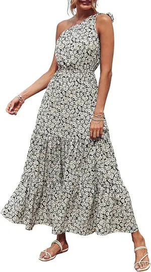 NEW PRETTYGARDEN Women's Floral Maxi Dress 2024 Knot One Shoulder Sleeveless Ruffle Hem Flowy Boho Dresses, Black & White, Sz L, Retails $72