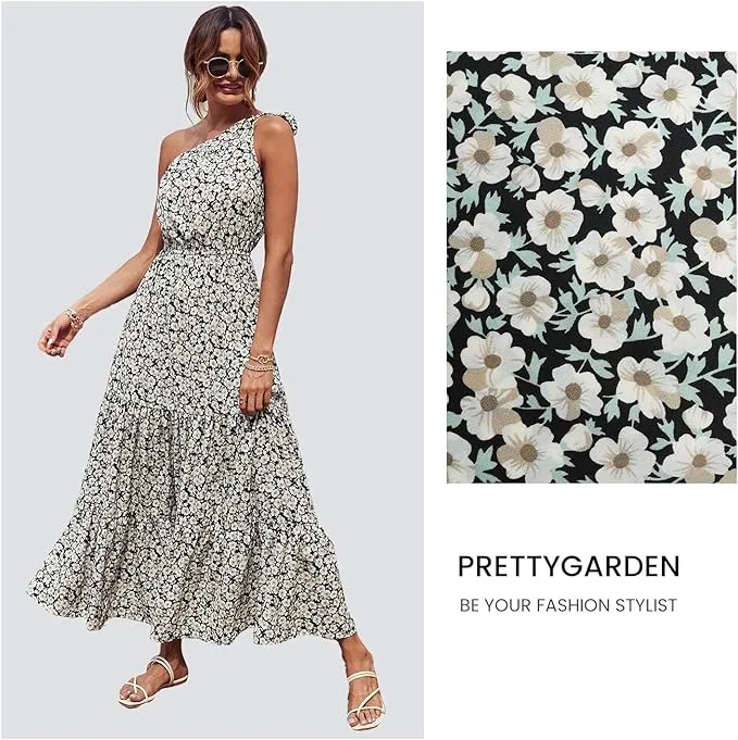 NEW PRETTYGARDEN Women's Floral Maxi Dress 2024 Knot One Shoulder Sleeveless Ruffle Hem Flowy Boho Dresses, Black & White, Sz L, Retails $72
