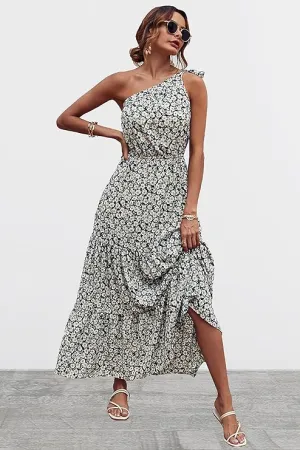 NEW PRETTYGARDEN Women's Floral Maxi Dress 2024 Knot One Shoulder Sleeveless Ruffle Hem Flowy Boho Dresses, Black & White, Sz M, Retails $71 