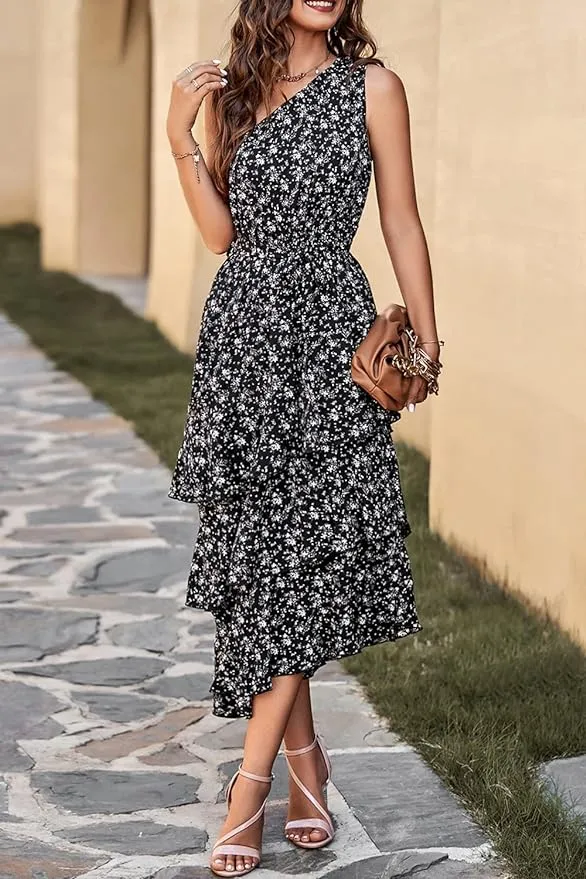 NEW PRETTYGARDEN Women's Summer Floral Sundress Casual One Shoulder Tiered Ruffle Flowy Midi Beach Boho Dresses, Floral Black, Sz L, Retails $58