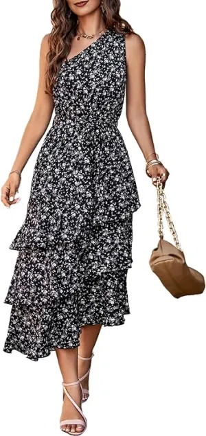 NEW PRETTYGARDEN Women's Summer Floral Sundress Casual One Shoulder Tiered Ruffle Flowy Midi Beach Boho Dresses, Floral Black, Sz L, Retails $58