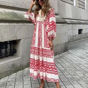 New Womens 3/4 Sleeve Bohemian Dress Maxi Long Boho Dresses Lace Up Crewneck Tiered Ruffle Flowy Swing Beach Sundress White/Reddish Orange Sz XL!