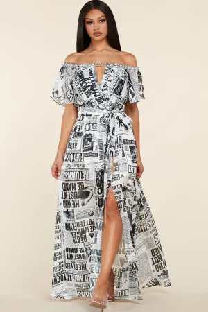 NEWSPAPER PRINT OFF SHOULDER MAXI DRESS