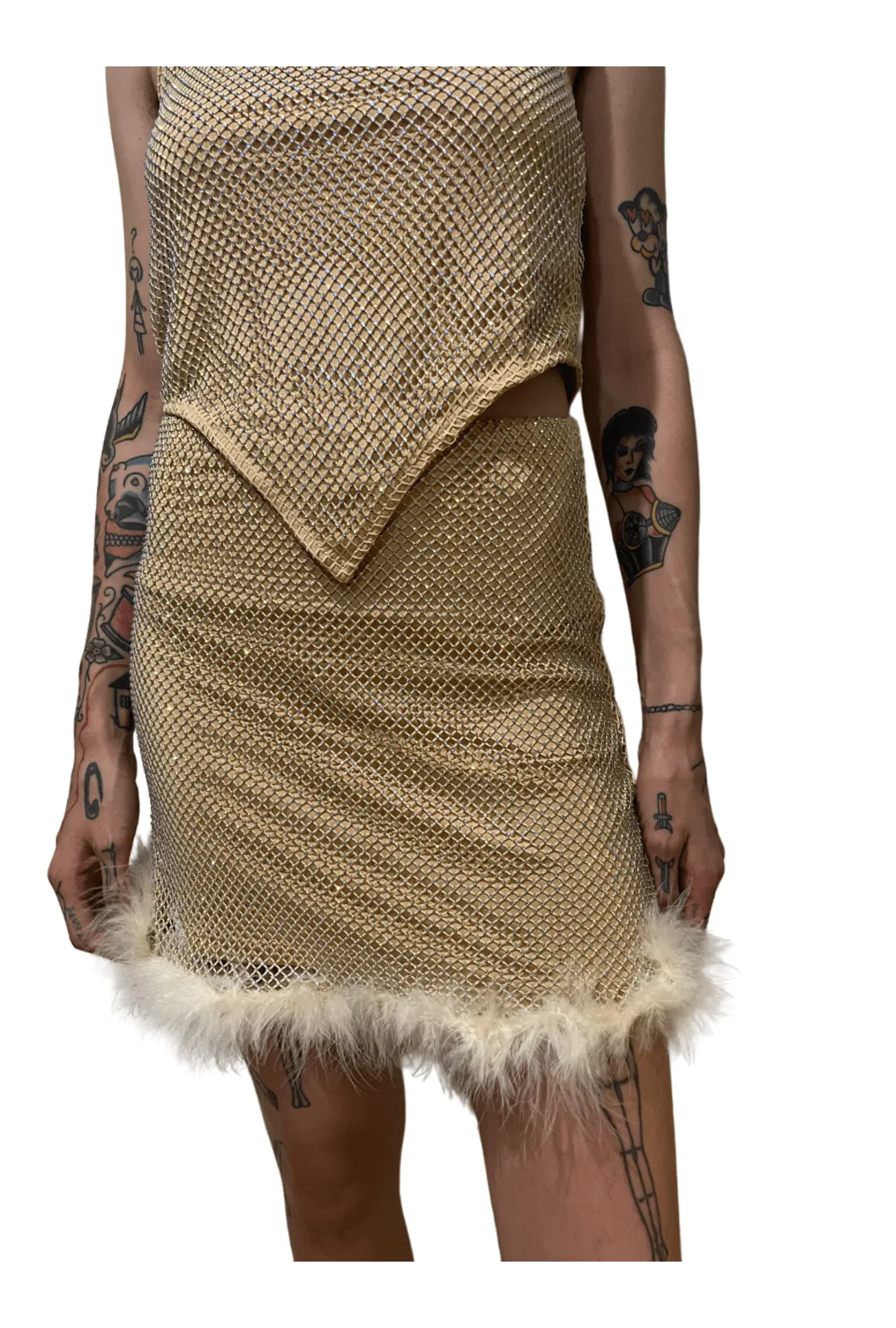 Nude Rhinestone Mesh Skirt with Fluffy Trim