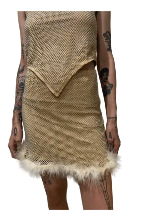 Nude Rhinestone Mesh Skirt with Fluffy Trim