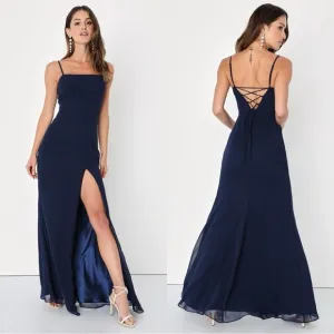 NWOT Lulus Feeling Elegant Navy Blue Lace-Up Slit Maxi Dress